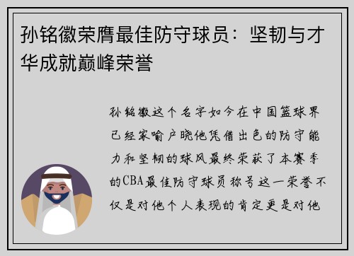 孙铭徽荣膺最佳防守球员：坚韧与才华成就巅峰荣誉