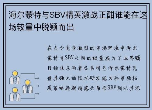 海尔蒙特与SBV精英激战正酣谁能在这场较量中脱颖而出