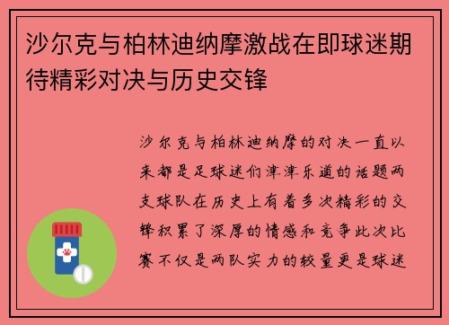 沙尔克与柏林迪纳摩激战在即球迷期待精彩对决与历史交锋