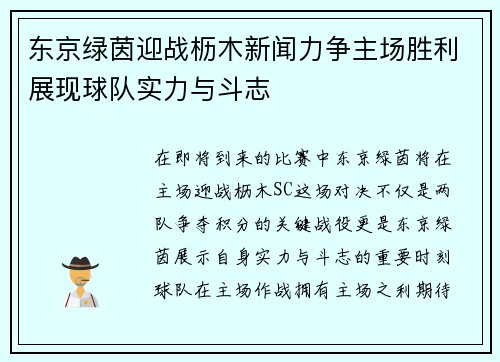 东京绿茵迎战枥木新闻力争主场胜利展现球队实力与斗志