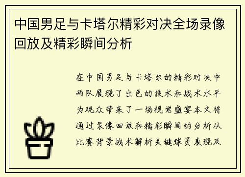 中国男足与卡塔尔精彩对决全场录像回放及精彩瞬间分析