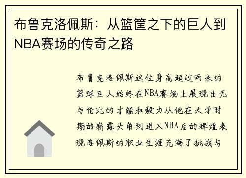 布鲁克洛佩斯：从篮筐之下的巨人到NBA赛场的传奇之路