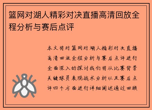 篮网对湖人精彩对决直播高清回放全程分析与赛后点评
