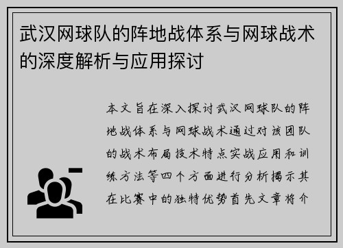 武汉网球队的阵地战体系与网球战术的深度解析与应用探讨