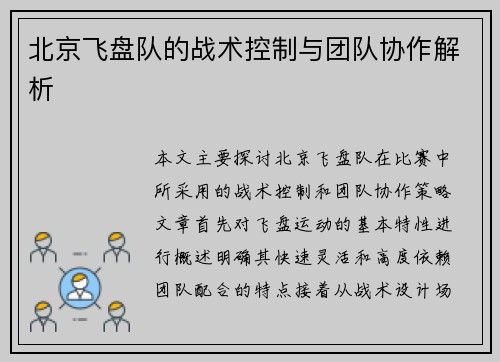 北京飞盘队的战术控制与团队协作解析