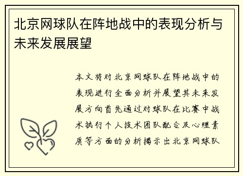 北京网球队在阵地战中的表现分析与未来发展展望