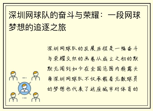 深圳网球队的奋斗与荣耀：一段网球梦想的追逐之旅