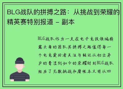 BLG战队的拼搏之路：从挑战到荣耀的精英赛特别报道 - 副本