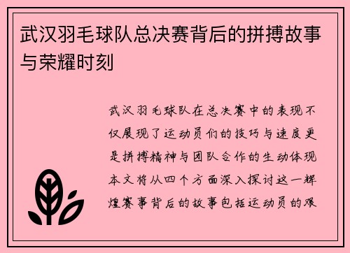 武汉羽毛球队总决赛背后的拼搏故事与荣耀时刻