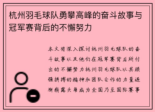杭州羽毛球队勇攀高峰的奋斗故事与冠军赛背后的不懈努力